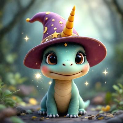 The primary subject of the image is a small, cute, and colorful cartoon lizard. The lizard is wearing a wizard's hat and is sitting on a path. The setting is a forest, with trees visible in the background. The visual style is digital art, as the lizard is depicted in a cartoonish manner. The colors and mood of the image are vibrant and cheerful, with the lizard's hat and the forest's greenery creating a lively atmosphere.